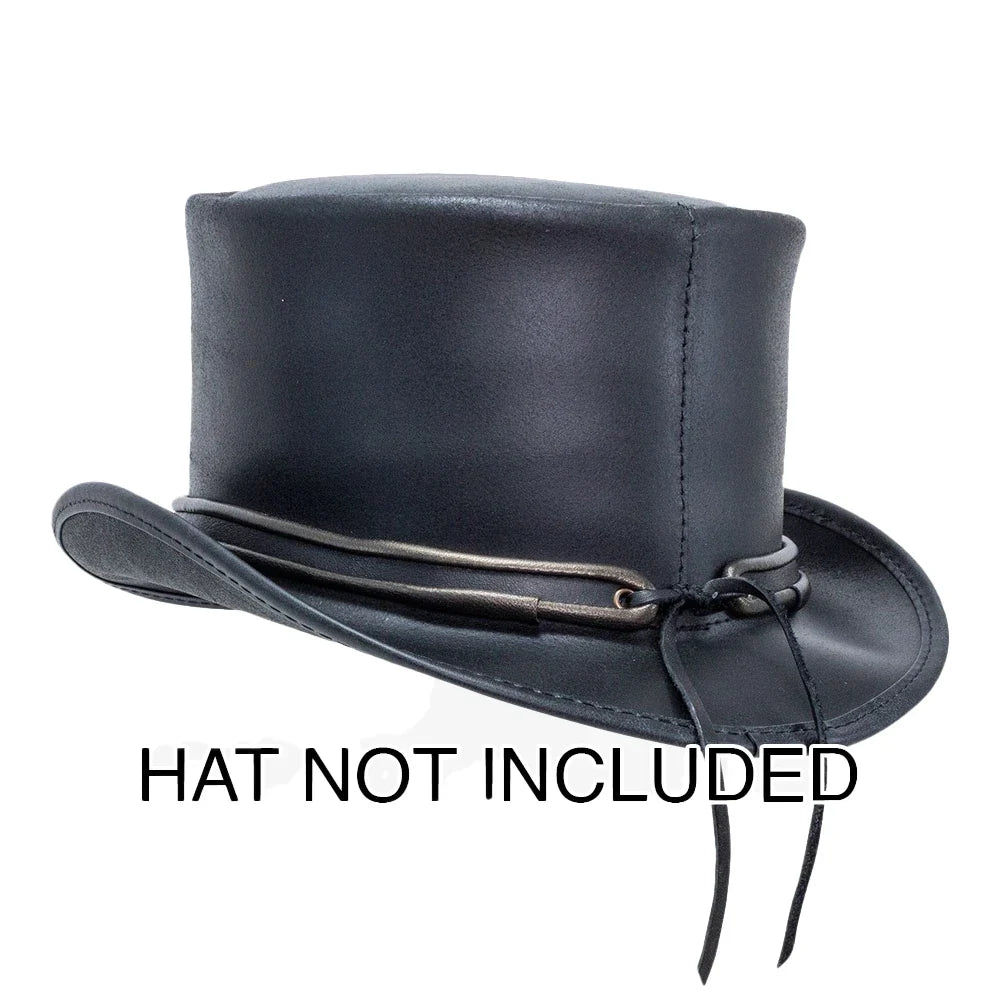 A black leather top hat with a wide brim and decorative band, shown on a white background with the text 'HAT NOT INCLUDED' overlaid at the bottom.