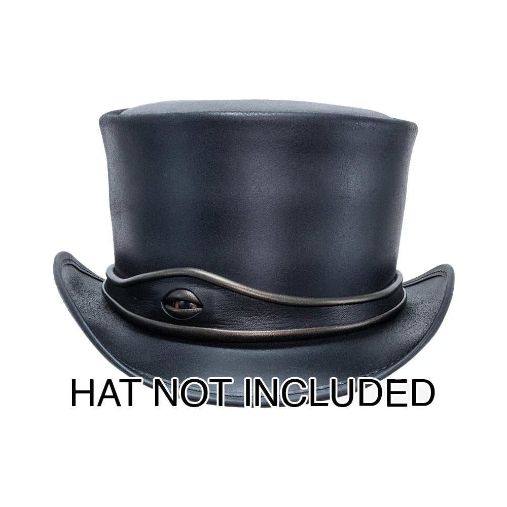 A black top hat with a curved black band and a small metallic emblem, shown on a plain white background with the text 'HAT NOT INCLUDED' underneath.