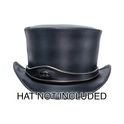 A black top hat with a curved black band and a small metallic emblem, shown on a plain white background with the text 'HAT NOT INCLUDED' underneath.