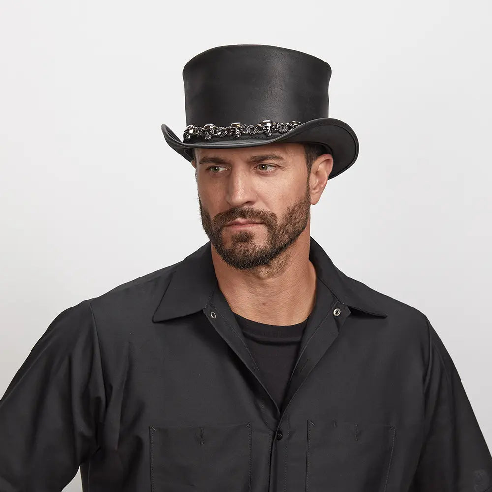 El Dorado 5 Skull | Mens Leather Top Hat with 5 Skull Hat Band