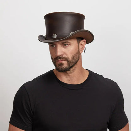 El Dorado Buffalo Nickel | Mens Leather Top Hat with Buffalo Nickel Hat Band