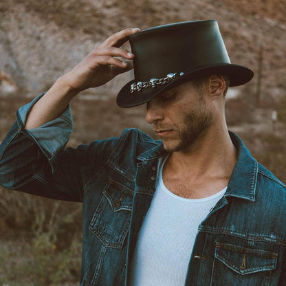 A man in denim jack and El Dorado Black Leather Top Hat 