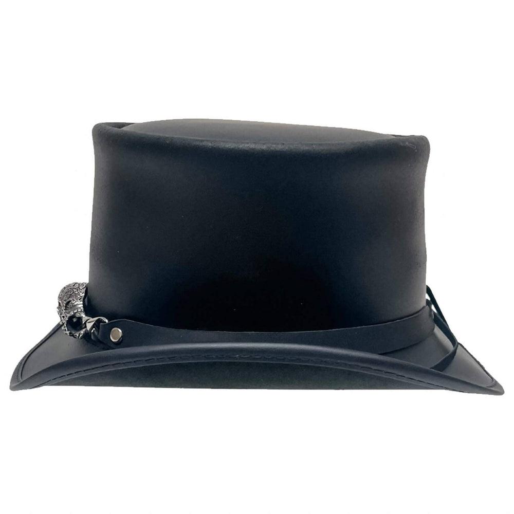 A side view of a El Dorado Black Leather Top Hat with Red Eye Skull Band 