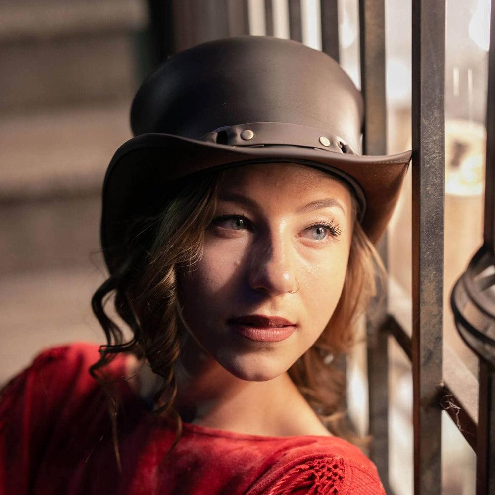 El Dorado Brown Leather Top Hat with SR2 Band by American Hat Makers