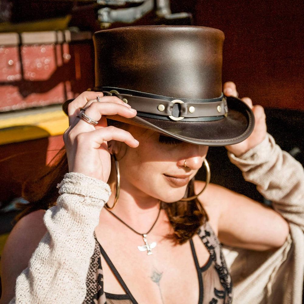 El Dorado Brown Leather Top Hat with SR2 Band by American Hat Makers