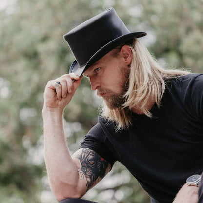 Unbanded El Dorado Black Leather Top Hat by American Hat Makers