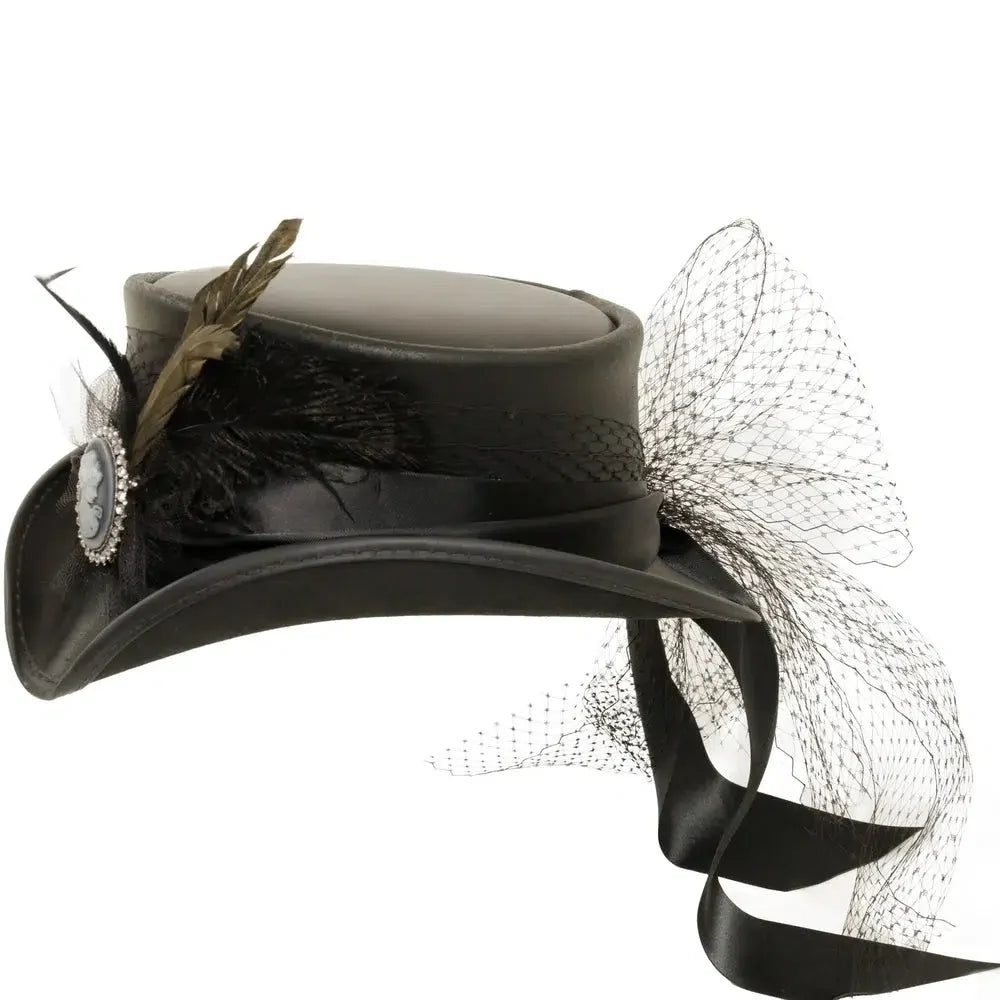 fancy black leather top hat side view