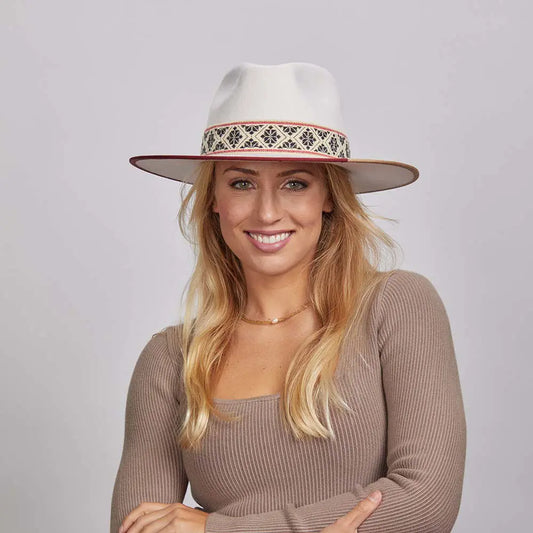 Fazenda | Womens Wide Brim Felt Fedora Hat with Red Trim