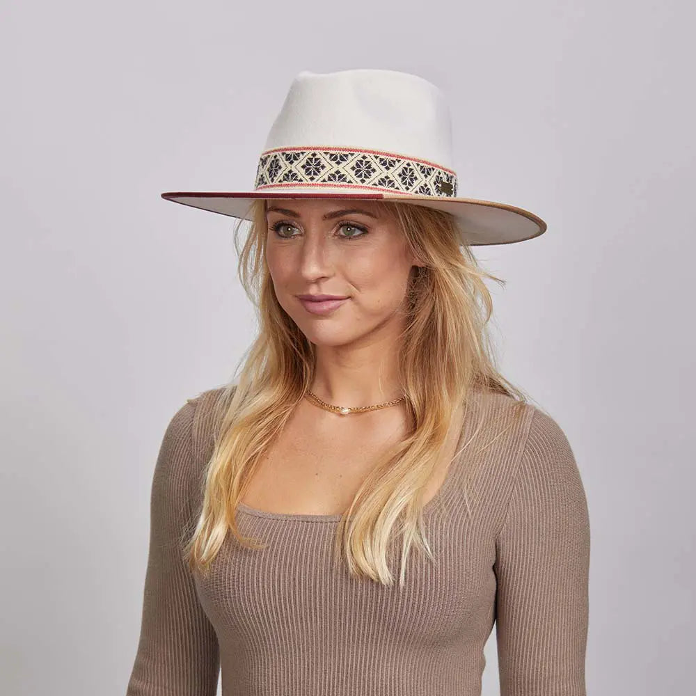 Fazenda | Womens Wide Brim Felt Fedora Hat with Red Trim