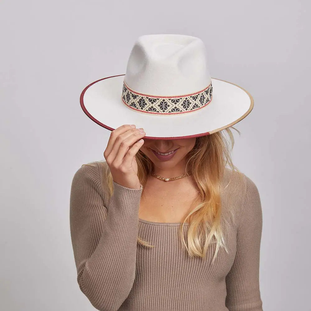 Fazenda | Womens Wide Brim Felt Fedora Hat with Red Trim