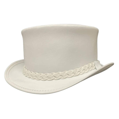 An angle view of a Ghost Rider White Leather Top Hat 