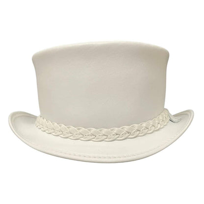 A front view of a Ghost Rider White Leather Top Hat 