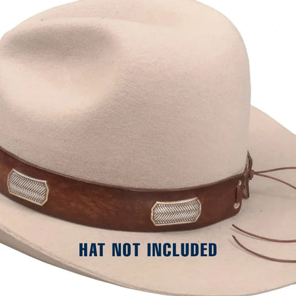 A close-up of a light beige wide-brim hat with a brown band and silver decorative accents, on a white background with the text 'HAT NOT INCLUDED' overlaid at the bottom.
