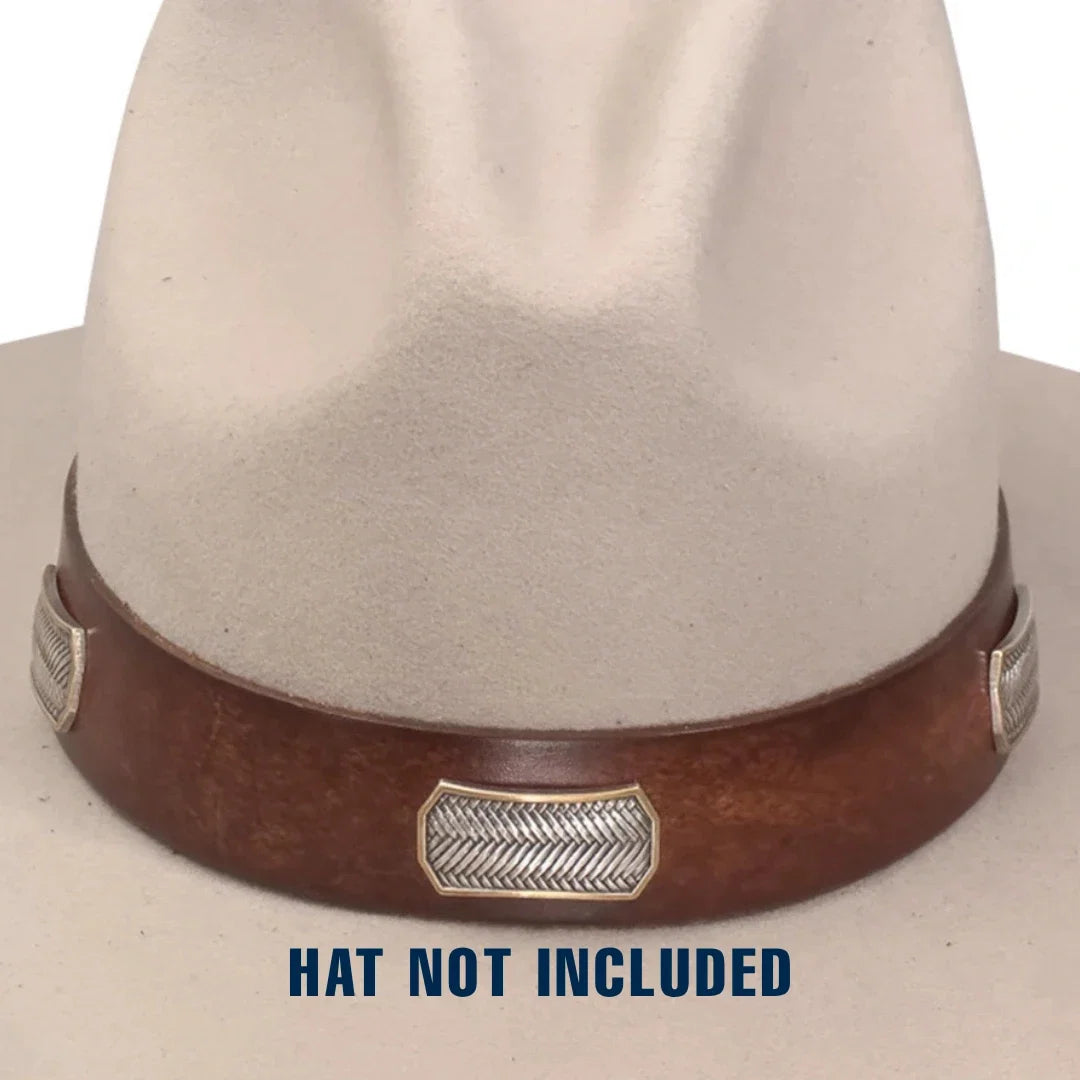 A brown leather hat band with silver-toned conchos displayed on a light beige hat form, with the text 'HAT NOT INCLUDED' at the bottom.