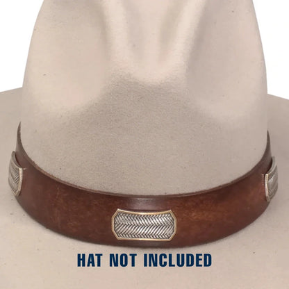 A brown leather hat band with silver-toned conchos displayed on a light beige hat form, with the text 'HAT NOT INCLUDED' at the bottom.