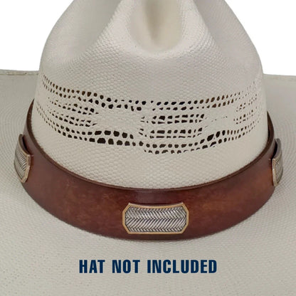 A white woven cowboy hat with a brown leather band and silver conchos, shown against a white background with the text 'HAT NOT INCLUDED' at the bottom.