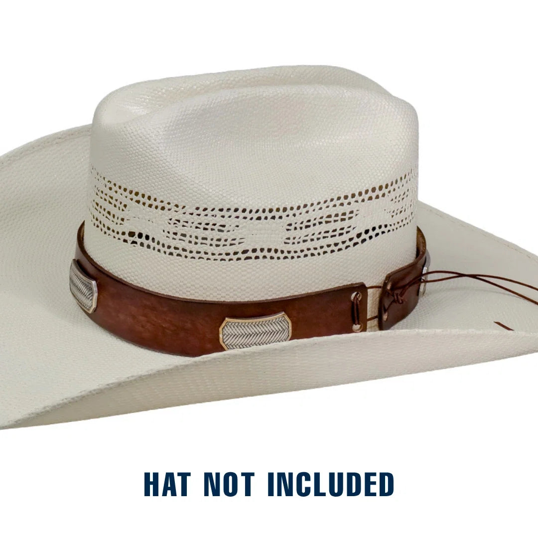A white cowboy hat shown on a plain white background with the text 'HAT NOT INCLUDED' below it. The hat has a brown leather band with silver-toned metal accents.