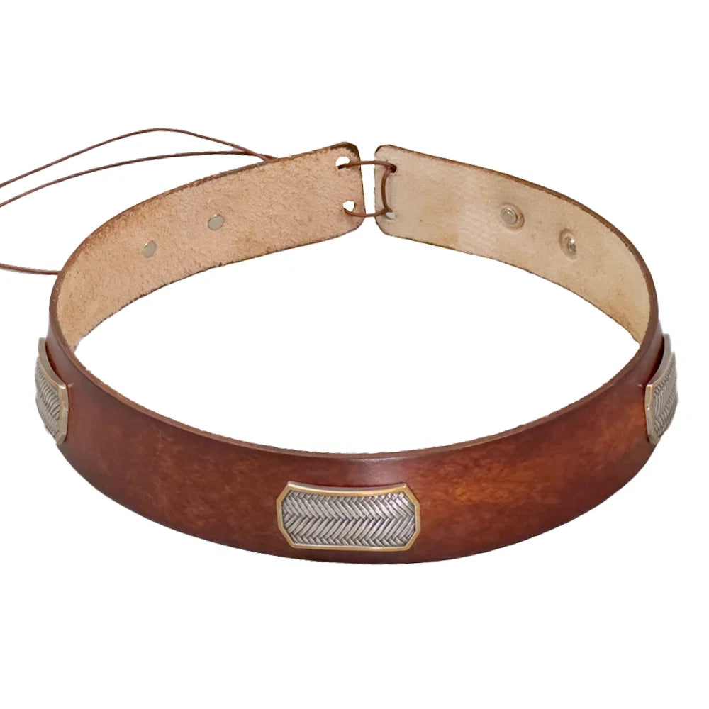 A brown leather belt with silver-toned metal accents and a light tan interior, shown on a plain white background.