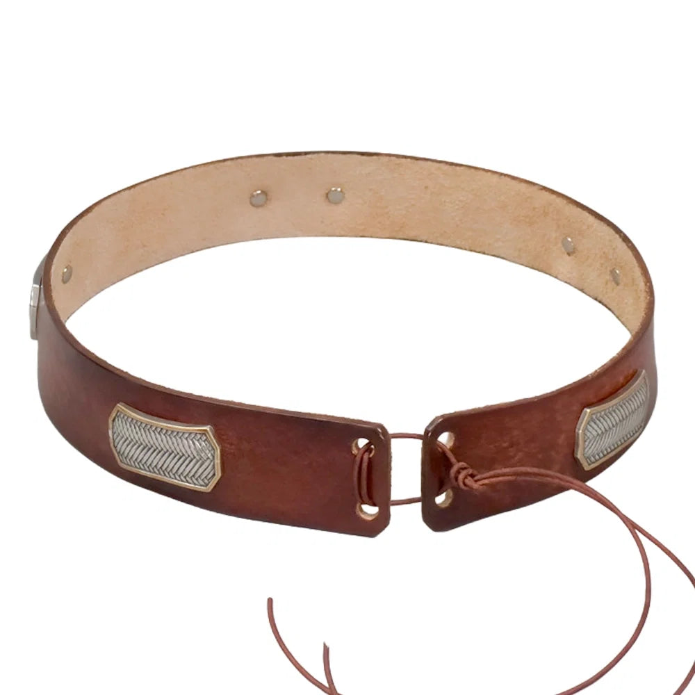 A brown leather belt with silver-toned metal accents and a light tan interior, shown on a plain white background.