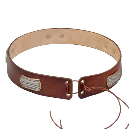 A brown leather belt with silver-toned metal accents and a light tan interior, shown on a plain white background.