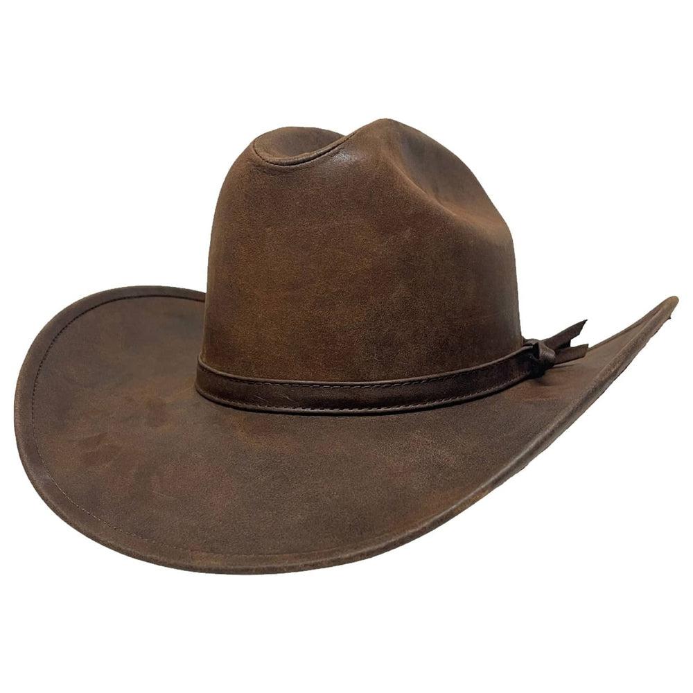 An angle view of a Gorge Leather Cattleman Brown Cowboy Hat