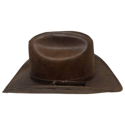 A side view of a Gorge Leather Cattleman Brown Cowboy Hat 