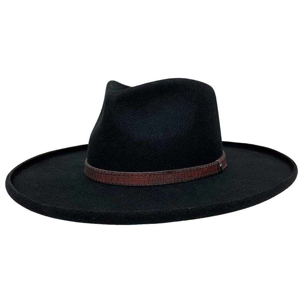 An angle view of a Hudson Black Felt Fedora Hat 