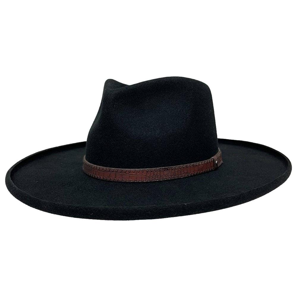 An angle view of Hudson Black Felt Fedora Hat 