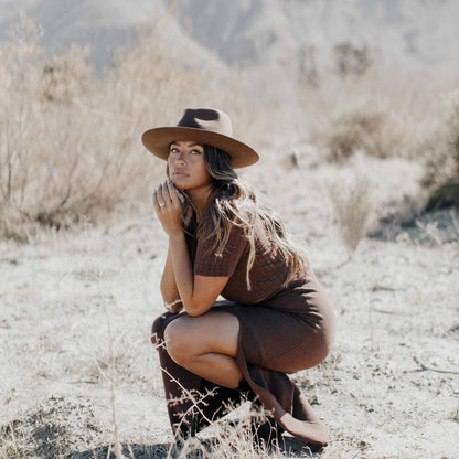 A woman wearing Brown Wide Brim Felt Fedora Hat