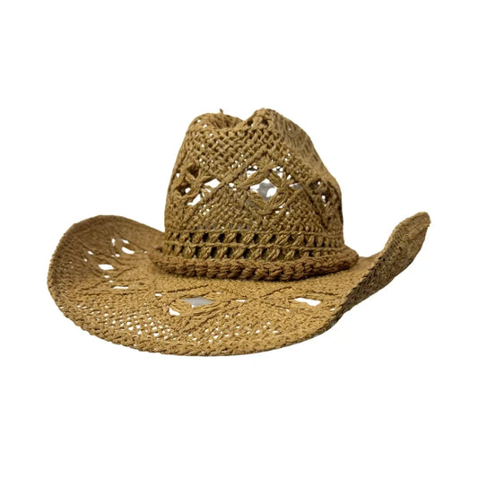 A natural tan woven straw cowboy hat with an openwork crochet pattern on the crown and brim, shown against a plain white background.