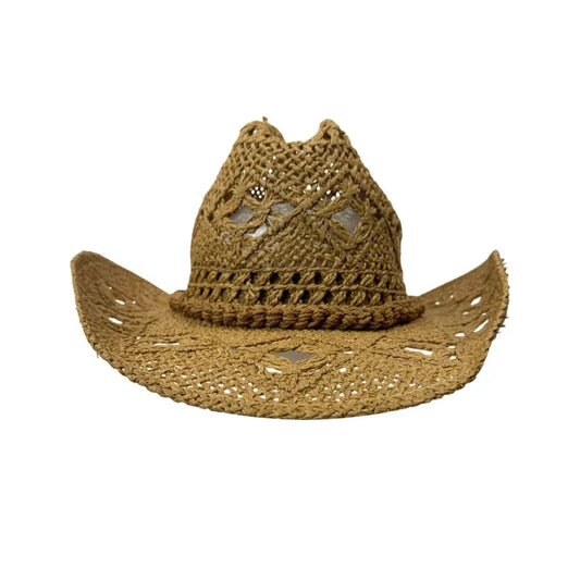 A woven straw cowboy hat with a crocheted lace-like crown and a wide brim, shown against a plain white background.