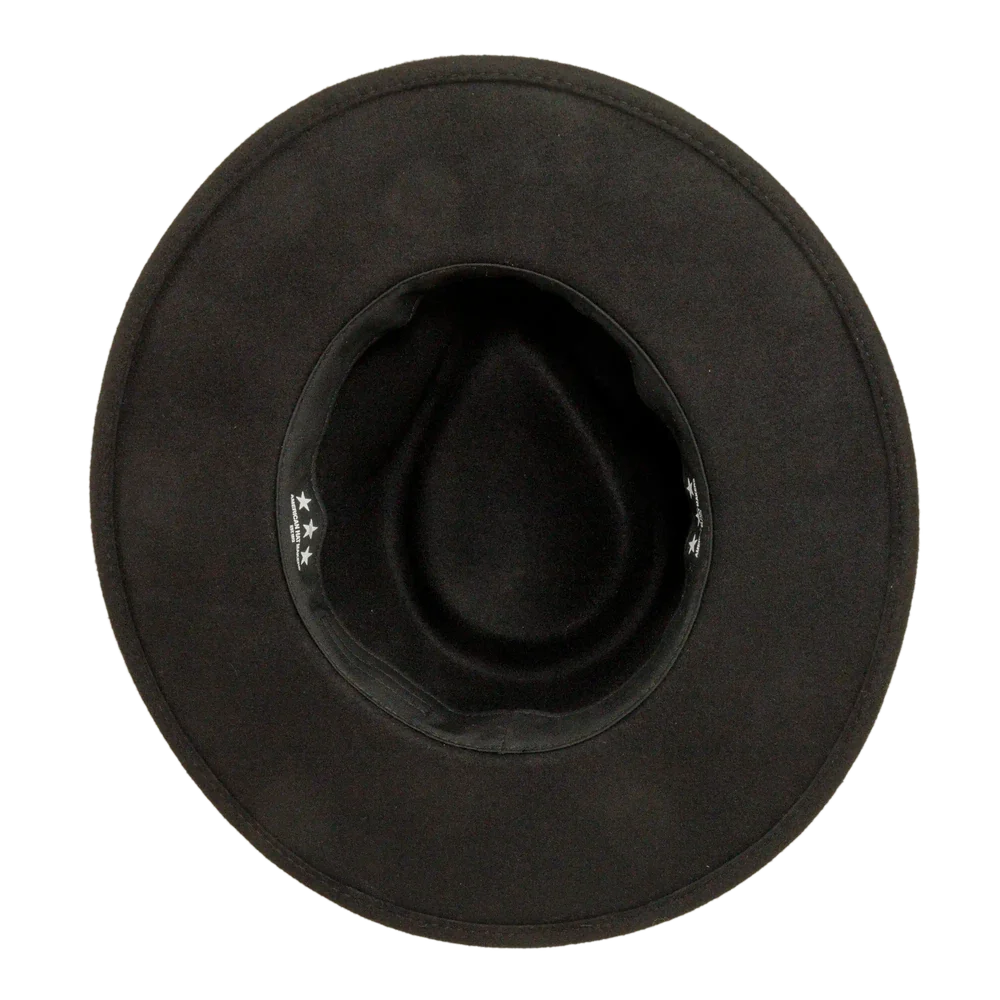 A bottom view of a lassen black outback hat 