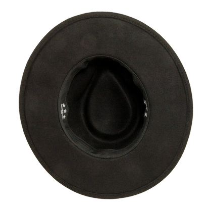 A bottom view of a lassen black outback hat 