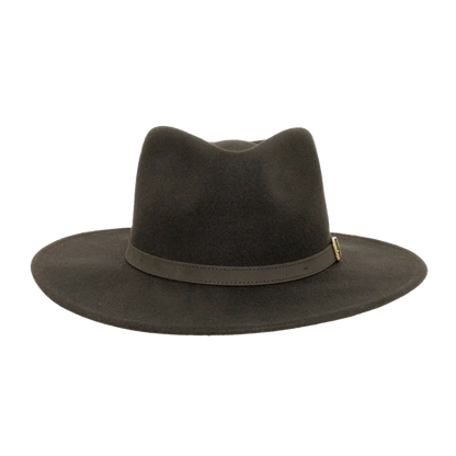 A front view of a lassen black outback hat 