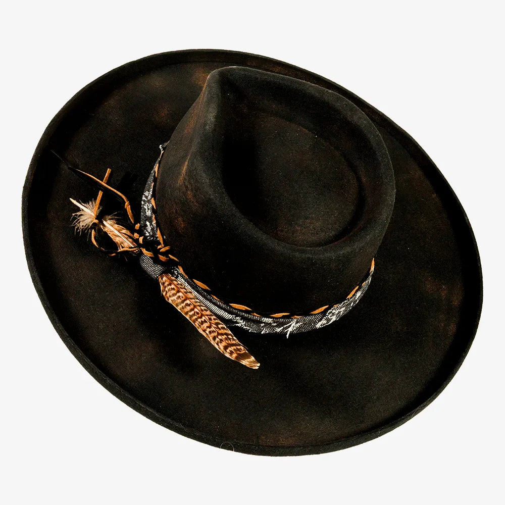 Lenny | Mens Distressed Wool Felt Teardrop Wide Brim Fedora Hat
