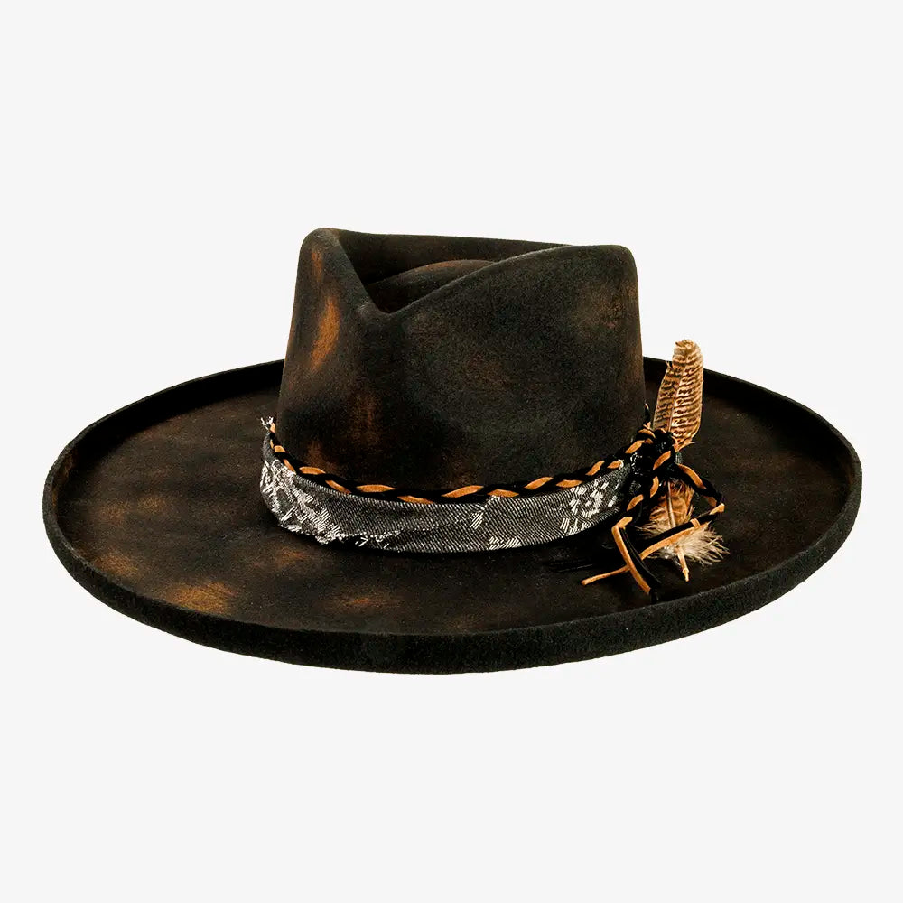 Lenny | Womens Distressed Wool Felt Teardrop Wide Brim Fedora Hat
