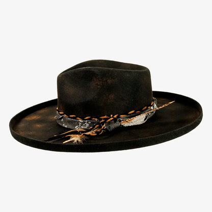 Lenny | Mens Distressed Wool Felt Teardrop Wide Brim Fedora Hat