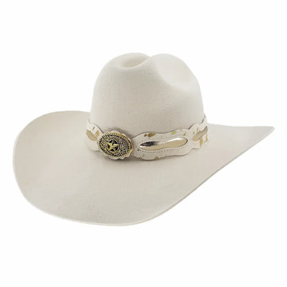 Lizzie | Womens White Felt Cattleman Cowgirl Hat with Gold Concho Hat Band
