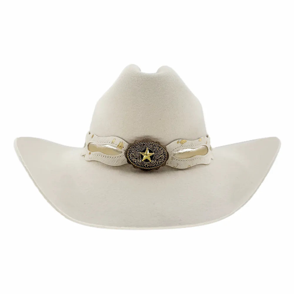 Lizzie | Womens White Felt Cattleman Cowgirl Hat with Gold Concho Hat Band