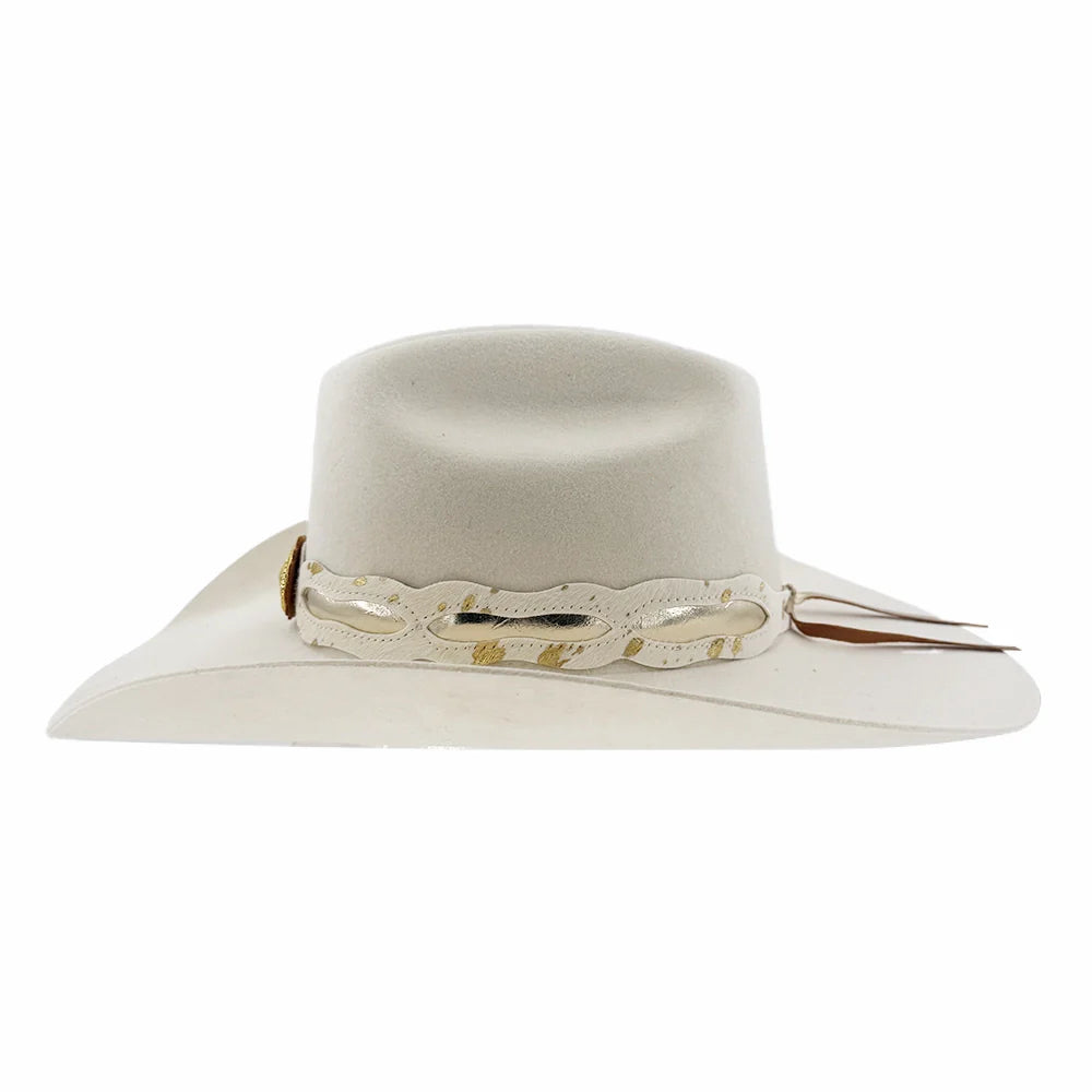 Lizzie | Womens White Felt Cattleman Cowgirl Hat with Gold Concho Hat Band