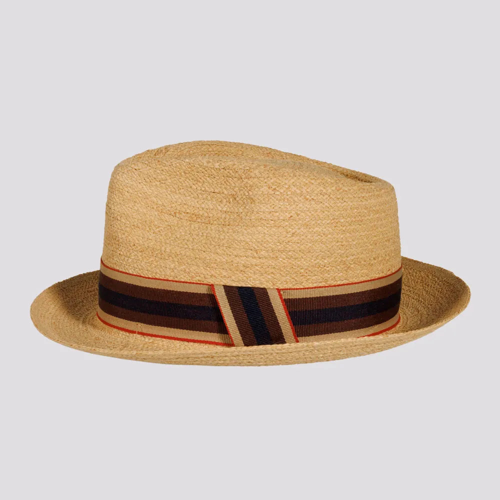 Oslo | Mens Natural Woven Raffia Braid Fedora Hat with Striped Band