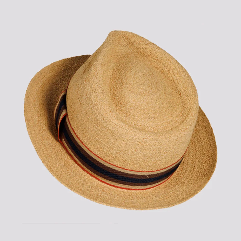 Oslo | Mens Natural Woven Raffia Braid Fedora Hat with Striped Band