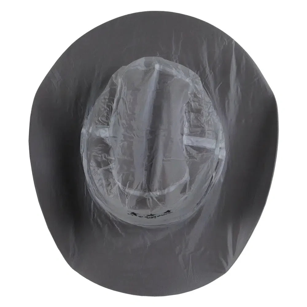 rain and dust hat cover by american hat makers on a black hat bottom view