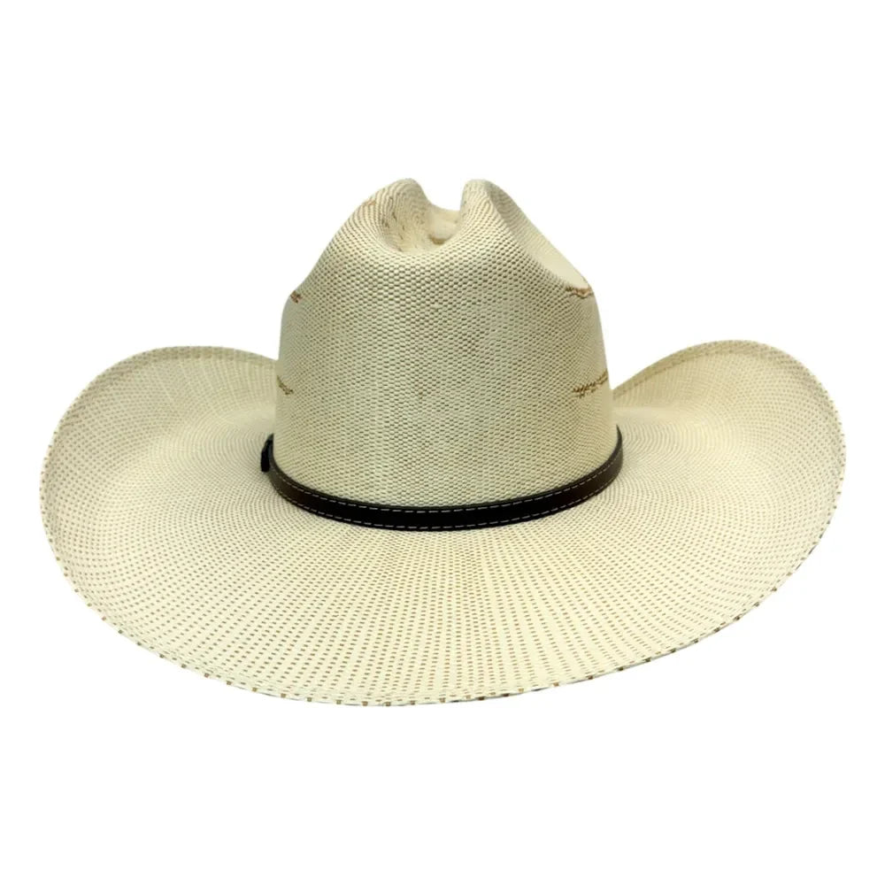 A light beige woven straw cowboy hat with a dark brown band around the crown, shown from a front-facing angle on a plain white background.