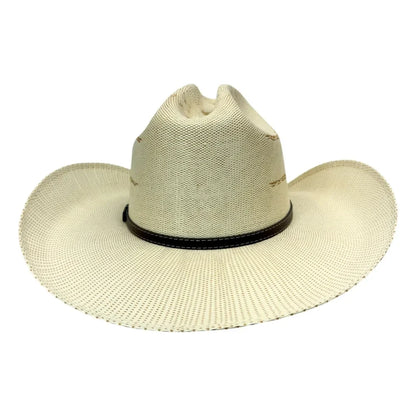 A light beige woven straw cowboy hat with a dark brown band around the crown, shown from a front-facing angle on a plain white background.