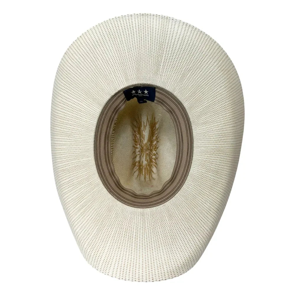 An off-white woven straw cowboy hat shown from a top-down view, featuring a decorative wheat stem ornament inside the crown.