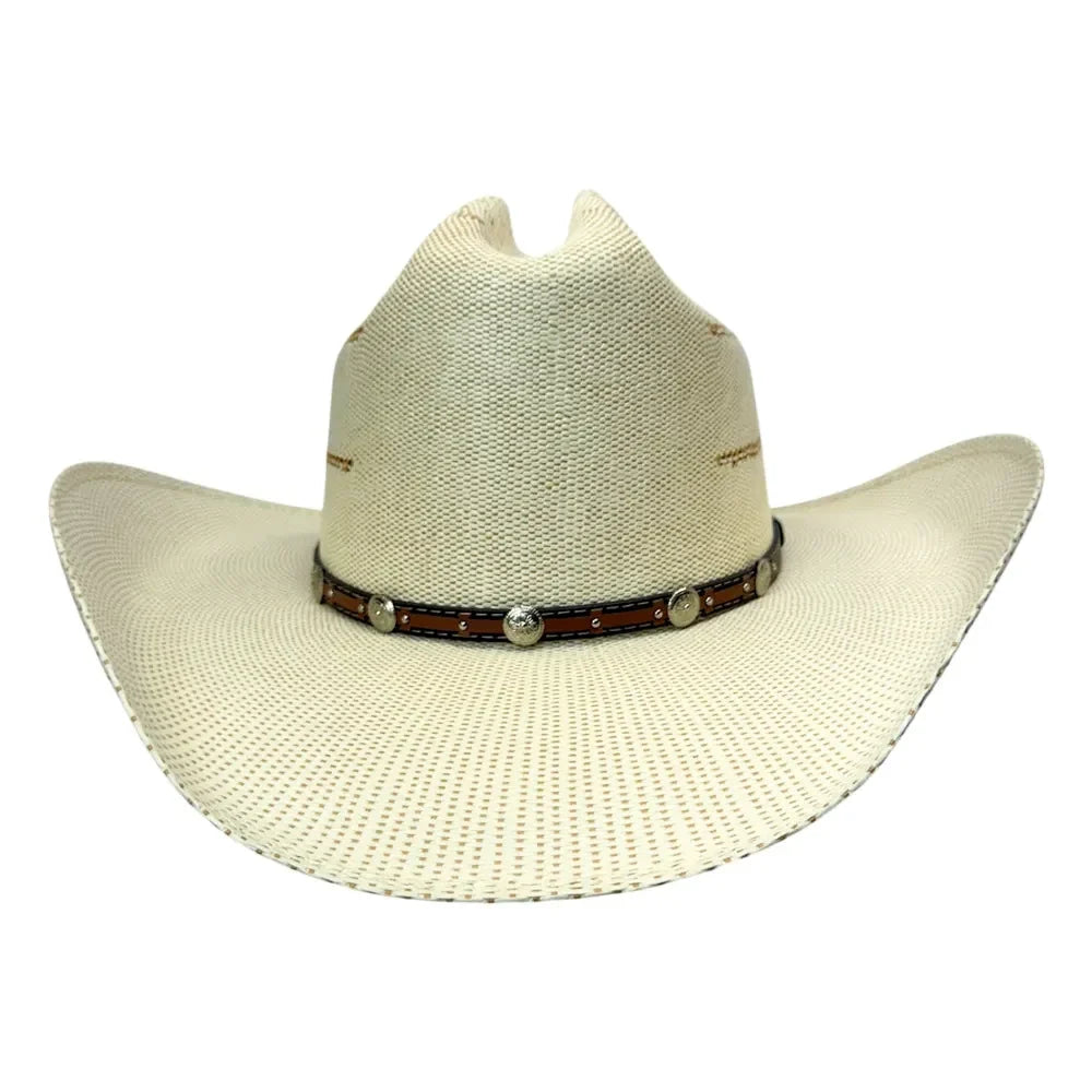An off-white woven straw cowboy hat with a brown leather band decorated with silver conchos, shown against a plain white background.