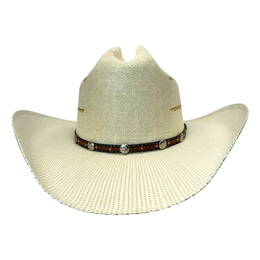 An off-white woven straw cowboy hat with a brown leather band decorated with silver conchos, shown against a plain white background.
