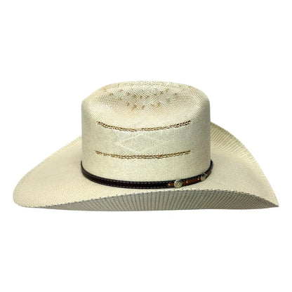 A light beige woven cowboy hat with a dark brown band and small decorative beads, shown against a plain white background.
