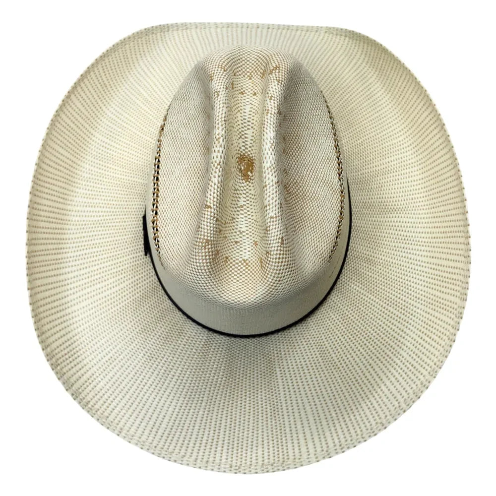 A light beige woven straw cowboy hat with a black band around the crown, shown from a top-down view on a white background.